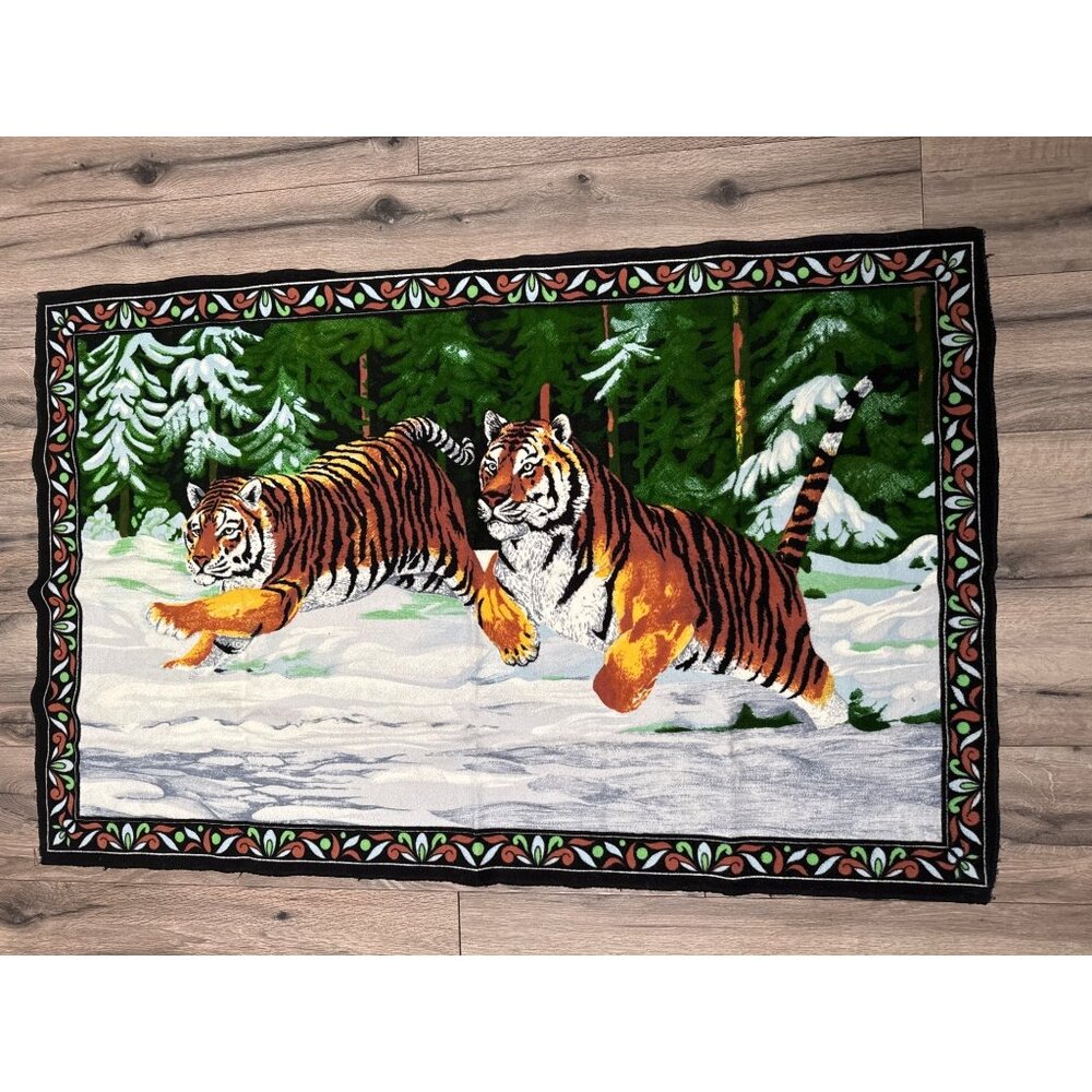 Tiger Print Tapestry Rug Blanket With Floral Border - 32"x50" - Made In Italy -
